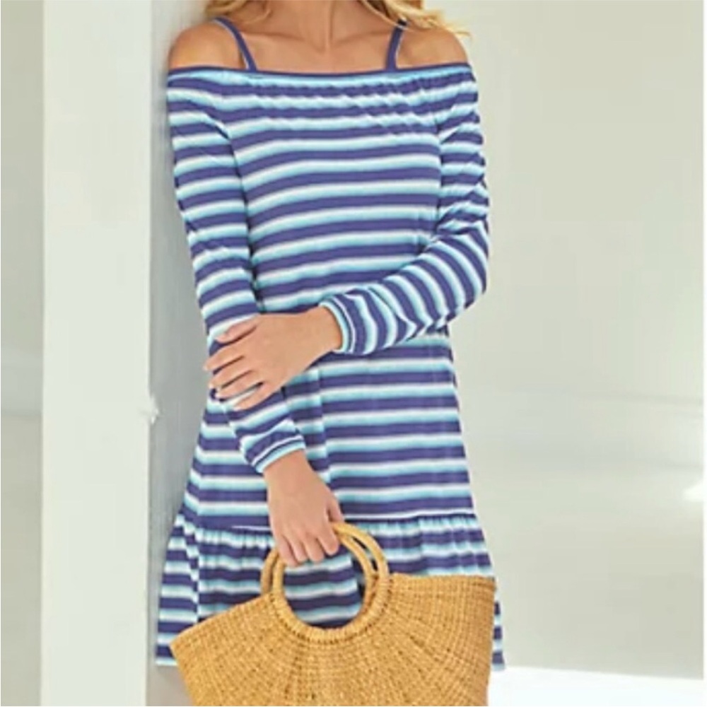 Cabana Life Delray Cold Shoulder Striped Nautical Ruffle Cover Up Dress